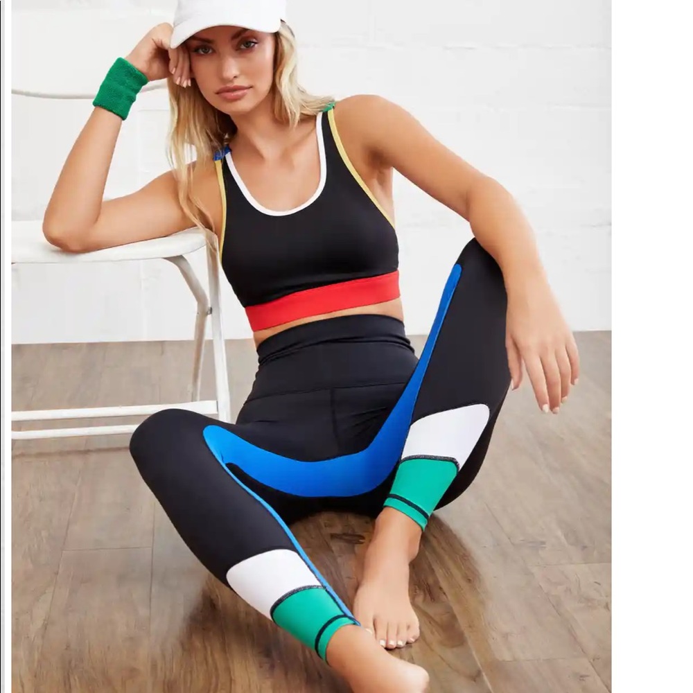 Vici Black and Blue Colorblock Leggings and Bra Set Small